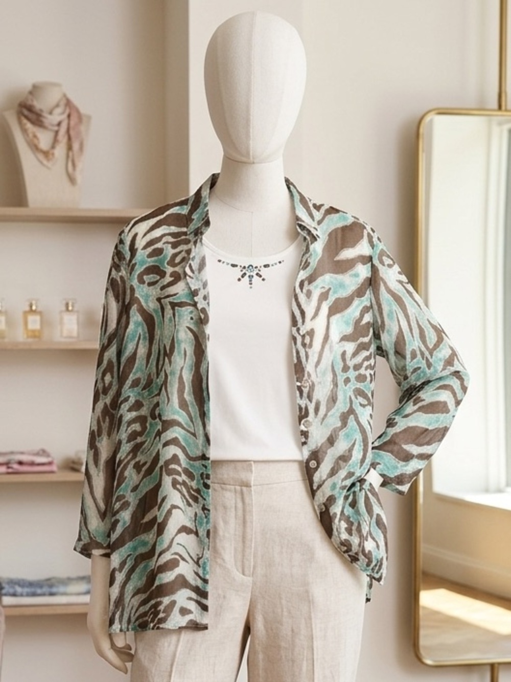 Relaxed Animal-Print Shirt Jacket in Mint & Taupe with white tank top